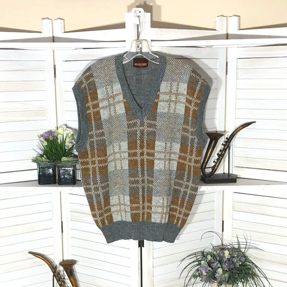 Vintage Wool Blend Plaid Grandpa Vest Tan Gray XL
